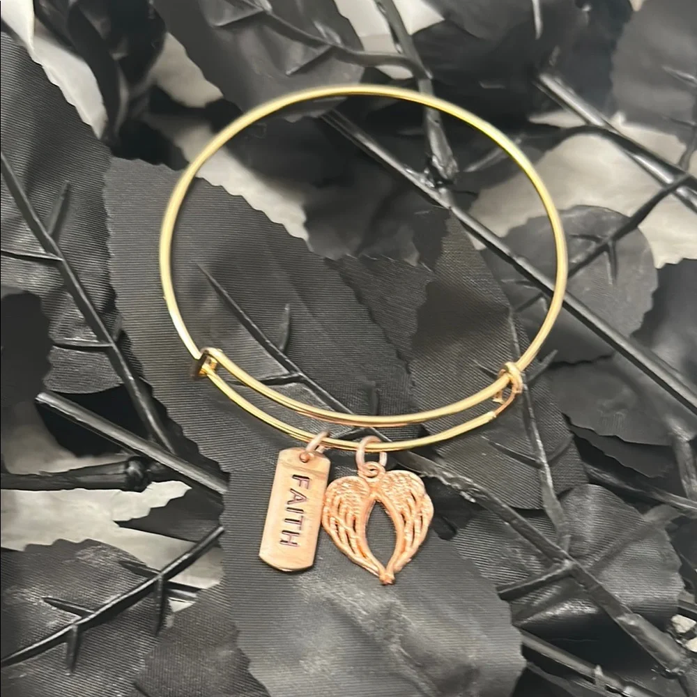 Gold Faith Bangle Bracelet with Angel Wing Charm - Picture 3 of 5
